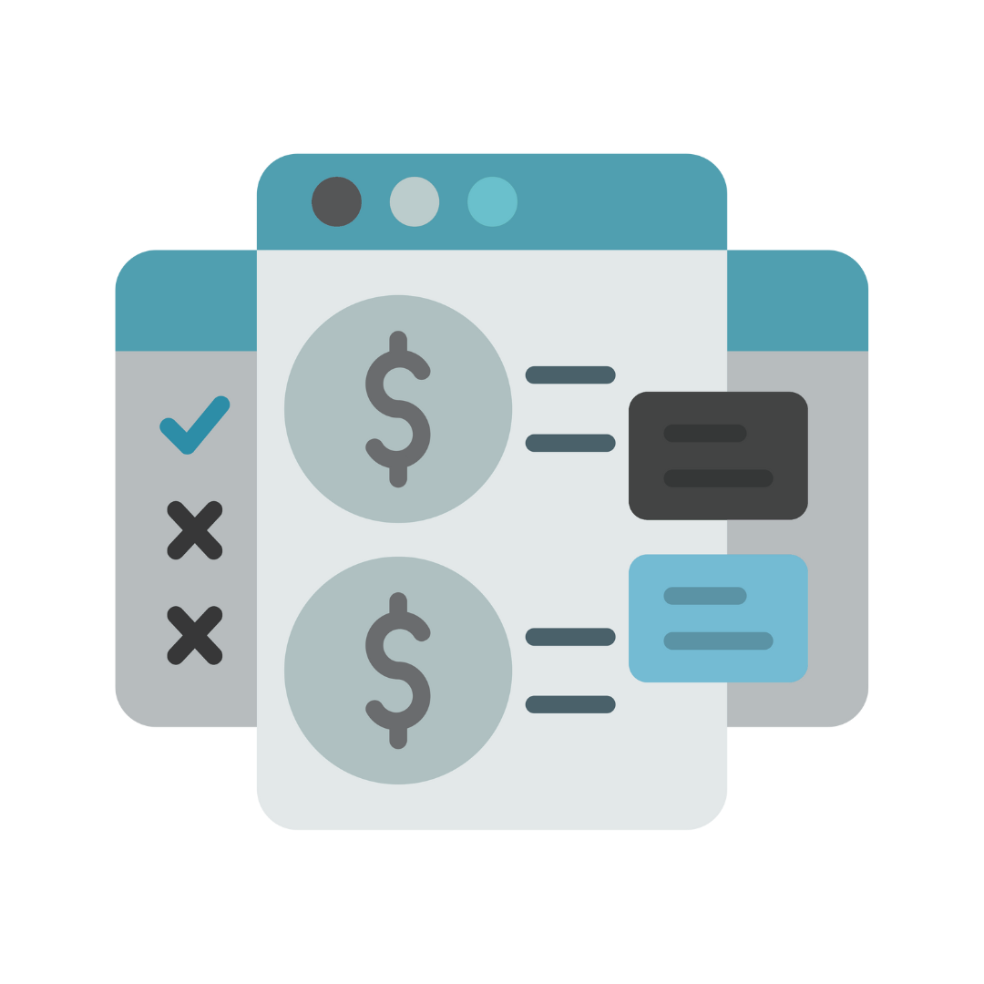 Fishbowl Hosting - Illustration of a billing or payment interface showing two dollar amounts, approval and rejection icons, and message bubbles representing transaction status or notifications.